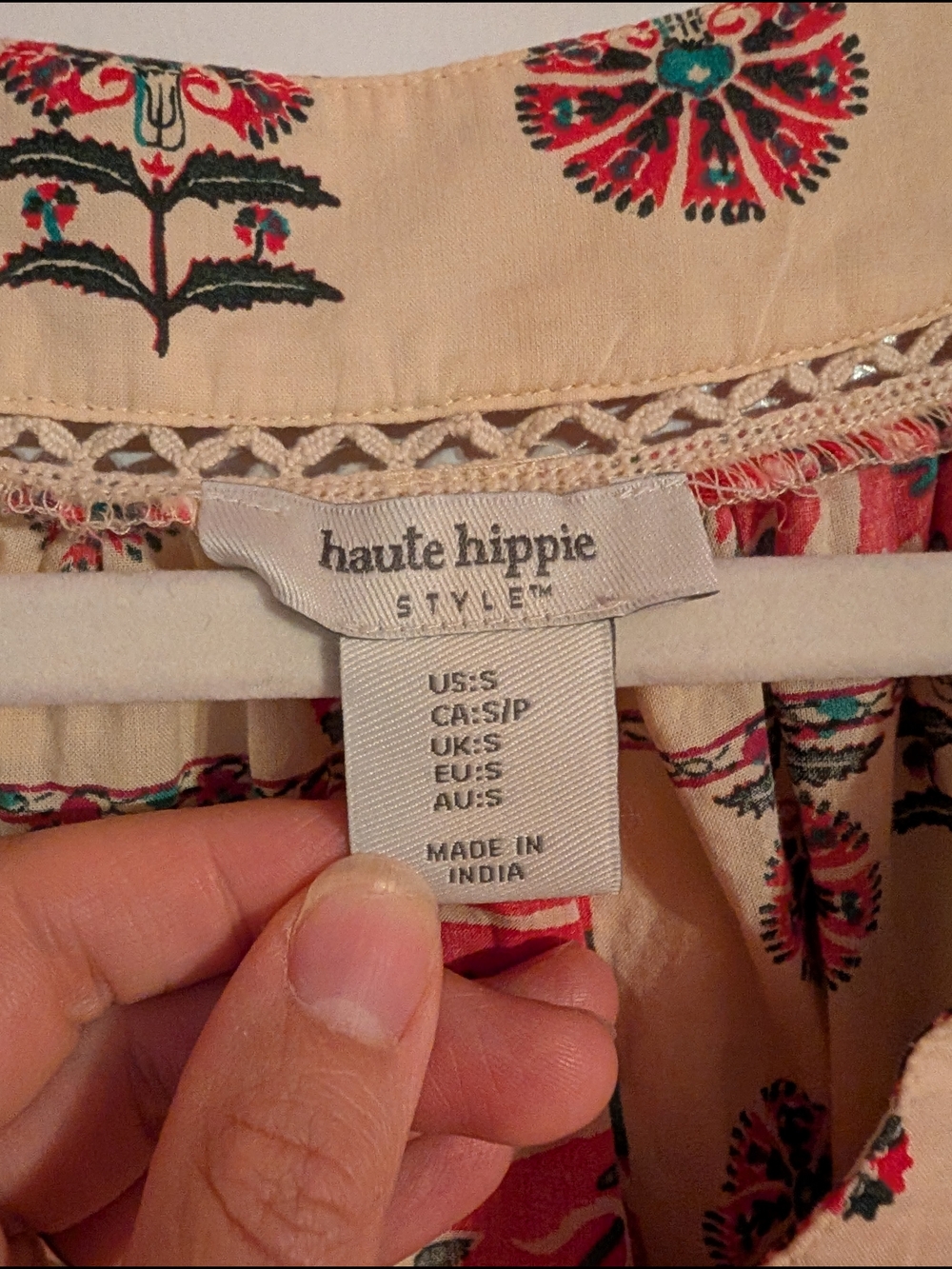 Haute Hippie Cream Floral Peasant Blouse with Red & Green Accents - Picture 4 of 6